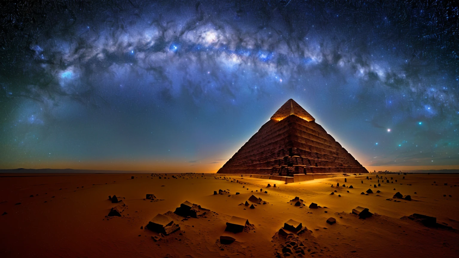 An ancient pyramid floating in an infinite universe. The stars on the pyramid are sparse. masterpiece, sharp, Ultra Detailed, 8K,Cyberspace Soldier, Angle View, Top quality,  (High detail background:1.2),(Highly detailed characters:1.2), Digital SLR Camera, Soft lighting, high quality, The grains of sand can be seen clearly, Intricate details,