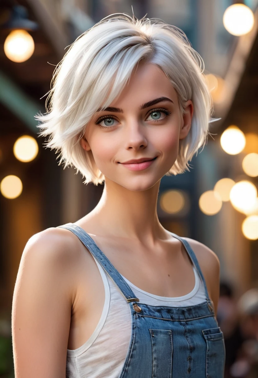 (Realistic), analog photo style, bokeh, cinematic composition, female with short white hair, standing in a relaxed yet confident pose, facing forward. She should wear a casual outfit consisting of a white tank top, with short denim shorts. The hairstyle should remain a short bob cut. The background must be with additional details. The character's expression is smile, and her body posture is relaxed, standing straight with hands resting naturally by her sides or slightly on her hips, bright colors, detailed beautiful eyes and perfect face, rim light, 16k quality