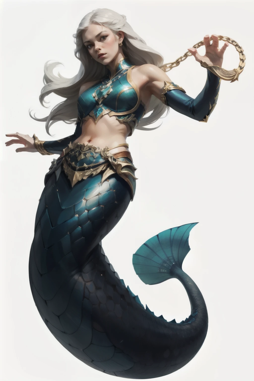 RPG , gerar com white background, png, white background, generate with whole body, classic mermaid, human hands, long  hair
