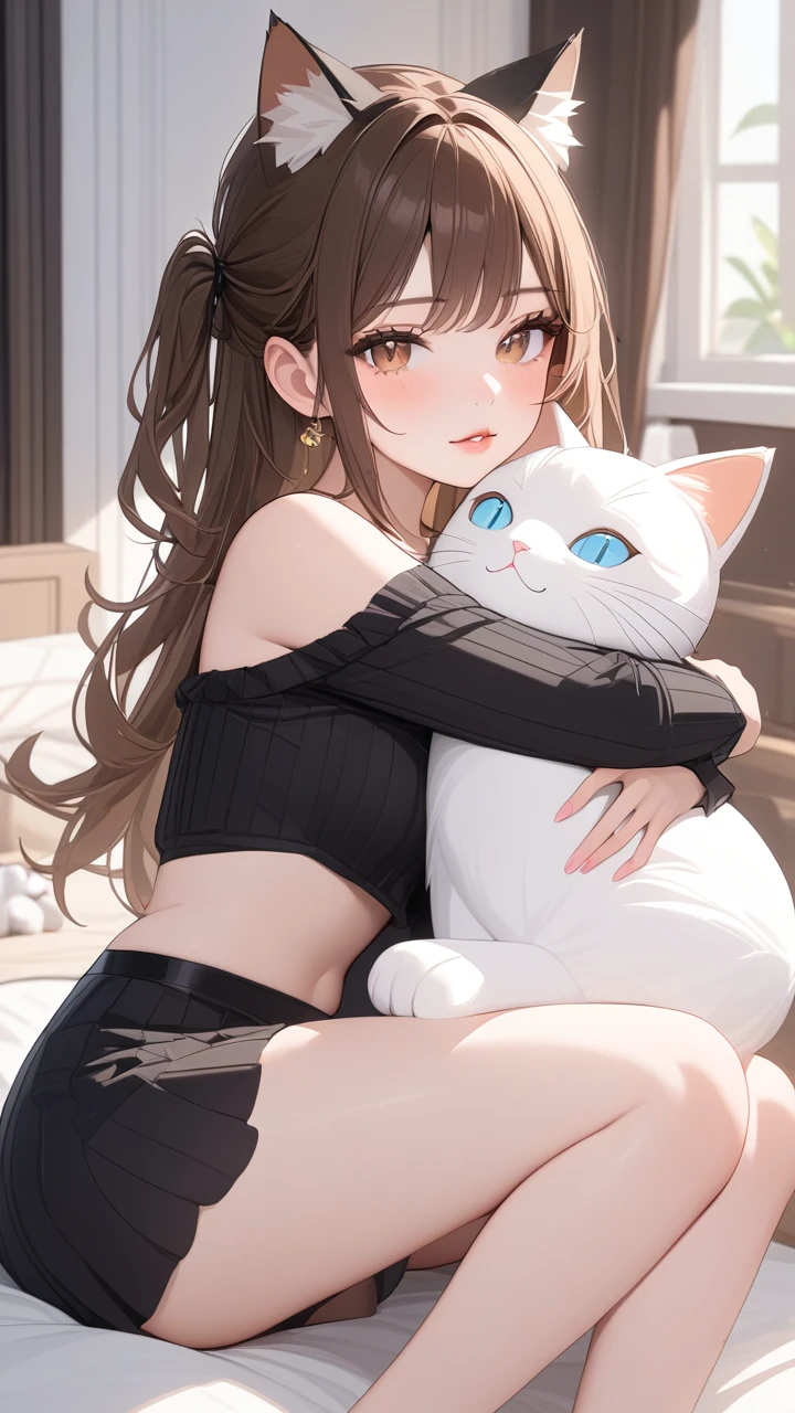 (Masterpiece, best quality:1.2, absurdres), 1girl, brown hair, cat ears, hugging big doll, bedroom, detailed face, detailed eyes, detailed lips, detailed skin, 