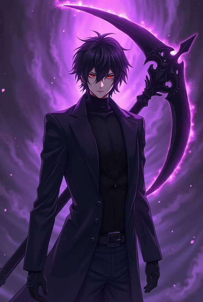 Male anime character with red eyes and black outfit with purple aura ...