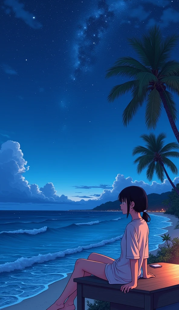 Seaside, Pink Sky, Palm tree, Blue Classic Car, Blue and pink neon,Lo-fi illustration, anime art wallpaper 4k, anime art wallpaper 4k,One Girl,Anime Style，Ocean，Oceanのビーチ，Coconut Tree，Seagull，Baiyun，A small island in the distance, Illustrator