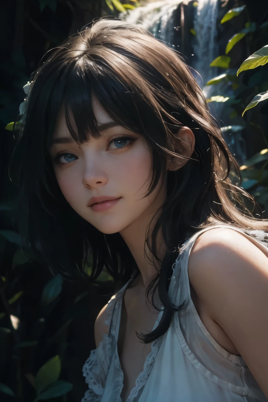 (extremely realistic) , (illustration), (Increase resolution), (8k), (very detailed), (best illustration), (beautiful and delicate eyes), (best quality), (very detailed), (masterpiece), (wallpaper), (detailed face), 1 girl, black straight hair, slim body, delicate details, in the dark, deep shadows, low key, pure face_v1, happy smile, summer dress, waterfall, rainforest