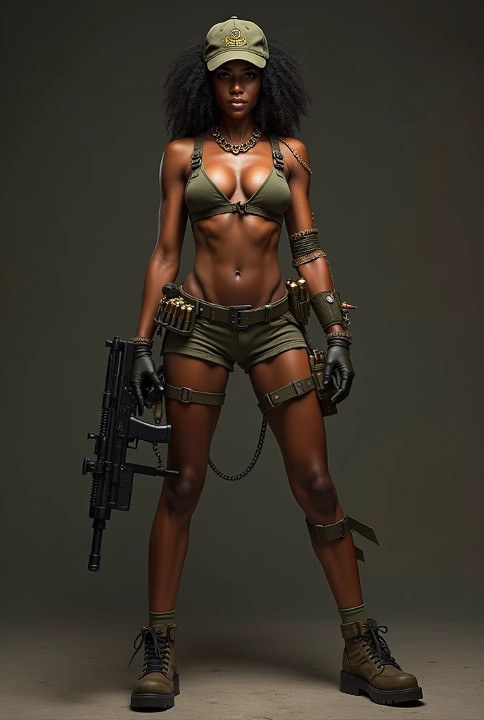 /imagine digital art, in the style of comic story drawings, of a female character, a beautiful black woman, very dark brown skin, African skin, Asian-type eyes, slanted and sensual eyes, sensual look, curly and voluminous hair, hair tied back, hair tied like a ponytail, medium and round breasts, short top with camouflage print, (showing her sensual navel), she wears a short sleeveless leather vest, her waist is thin, she has a body perfect and curvy, her body is athletic, shiny and sweaty, she wears leather gloves and in one hand she must hold an advanced technological weapon, she wears a tactical belt with several compartments, short shorts with a camouflage print, long tactical boots with high heels, and technological items all over the clothes in the steampunk style, the lighting in the environment must be realistic, she is in a triumphal pose, cinema poster-like illustration, in the background urban environment, technological city in the steampunk style, with robotic beings and neon light details,