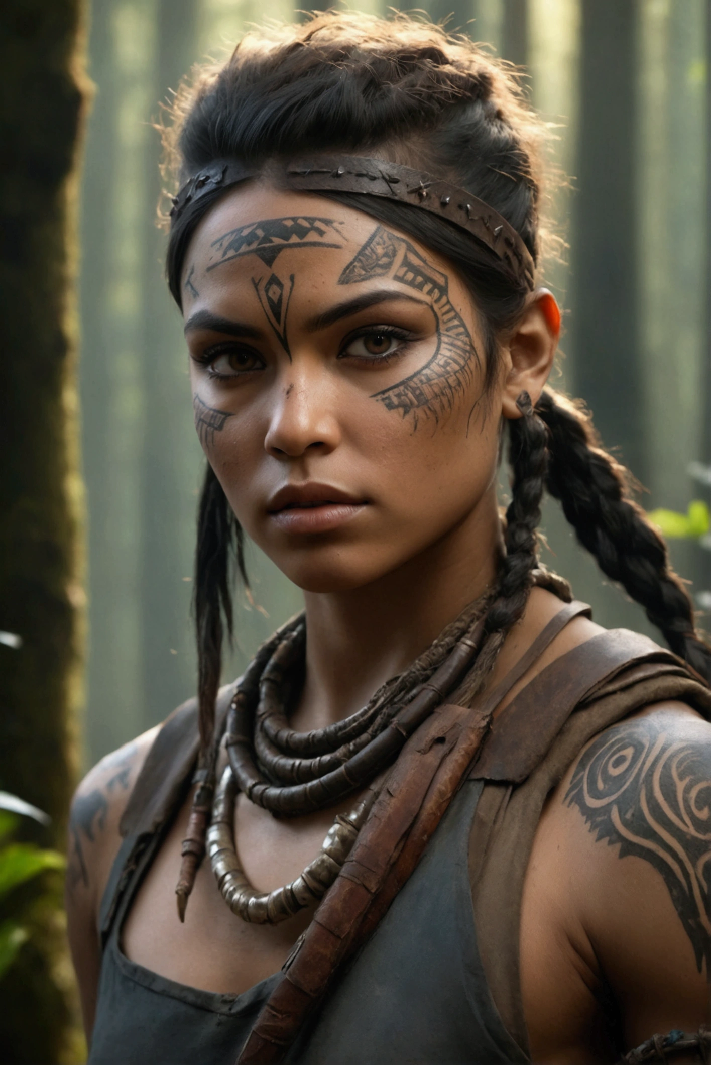beautiful young indigenous brazilian woman, dark green armor, running in a rainforest, (RAW, analog, Nikon Z 85mm, award winning glamour photograph, ((best quality)), ((masterpiece)), ((realistic)), radiant light rays, highres, detailed facial features, high detail, sharp focus, smooth, aesthetic, extremely detailed, extremely detailed eyes, extremely detailed body, extremely detailed skin, extremely detailed clothes, octane render, photo_\(ultra\), photorealistic, realistic, post-processing, max detail, realistic shadows, roughness, natural skin texture, real life, ultra realistic, photorealism, photography, 8k uhd, photography, hdr, intricate, elegant, highly detailed, sharp focus, radiant light rays), ((Dystopian, [sci-fi], High Detail RAW color Photo, Full Shot, outdoors), toned physique, perfect face, (detailed skin, diffused skin pores), metal, (highly detailed, fine details, intricate), (lens flare:0.5), (bloom:0.5), smog, dust, (badlands:0.8), (observitory:0.7), raytracing, specular lighting, shallow depth of field, photographed on a Sony Alpha 1, EF 85mm lens, f/2.8, hard focus, smooth, cinematic film still)