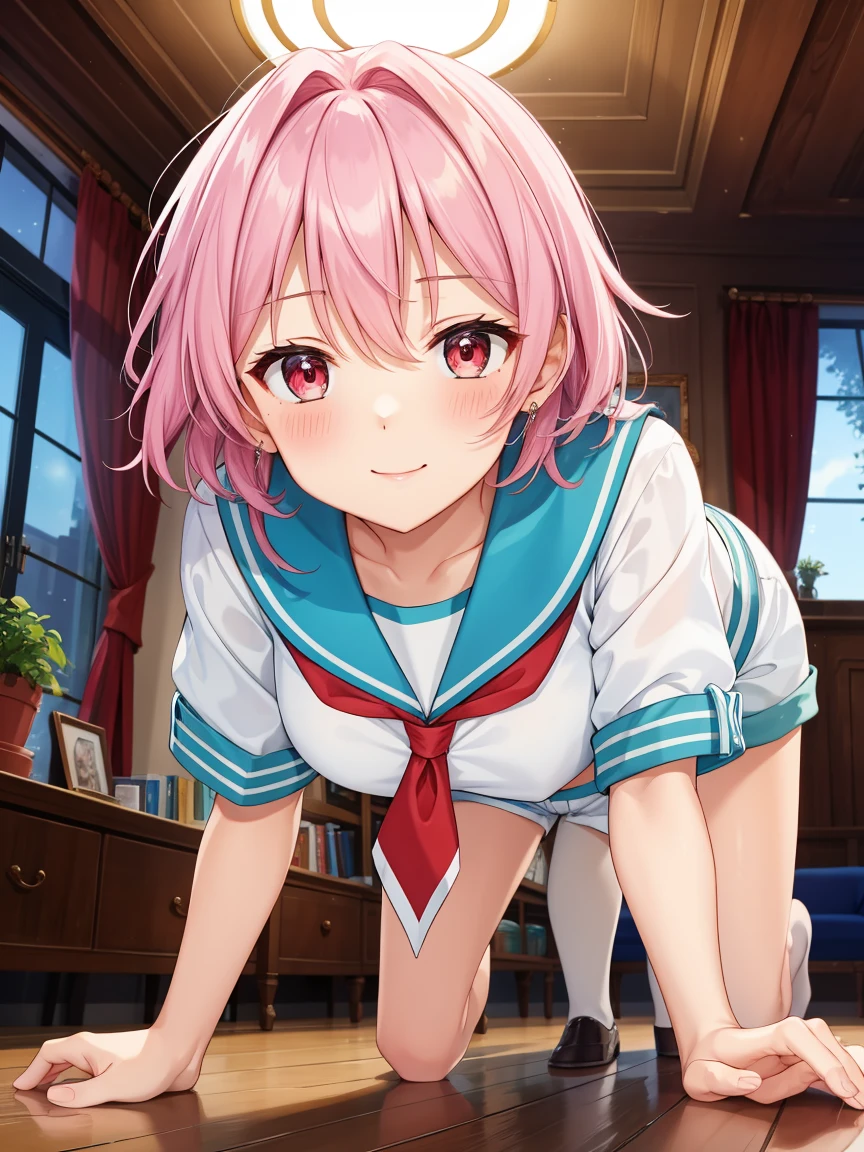 (masterpiece, best quality, cute, kawaii), 1girl, solo, illustration, serafuku, depth of filed, light on face, portrait, pink hair, white panties, (spread legs, open legs, knee up), naval, groin, perineum, leaning back, body tilt, open mouth, blush, smile, small breasts, arms behind back, cowboy shot, dutch angle, Japanese-style room, tatami