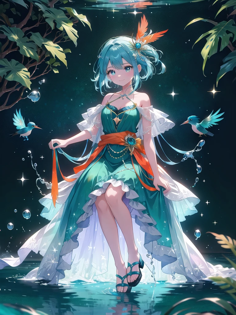 uma garota fada de perfil, garota com chifres delicados, cabelos brancos, costeletas longas, short bob hair, olhos com cores diferentes, decote, longas asas de borboleta, colorwater, colofull, corpo inteiro, (((sitting in only her underwear with her feet in the extremely blue water))), vagalumes iluminas a noite, big ass, thick legs, {papel de parede de unidade CG de 16k extremamente detalhada}, fotografia de paisagem expansiva, (a view from below focusing on the character and the sky above), (Wide open field view), (low angle photo), (luz alta: 1.1), (luz baixa:1.5), (fonte de luz quente: 1.2), detalhes complexos, (cores iridescentes: 1.5), (Bright lighting), (atmospheric lighting), Sonhador, unico