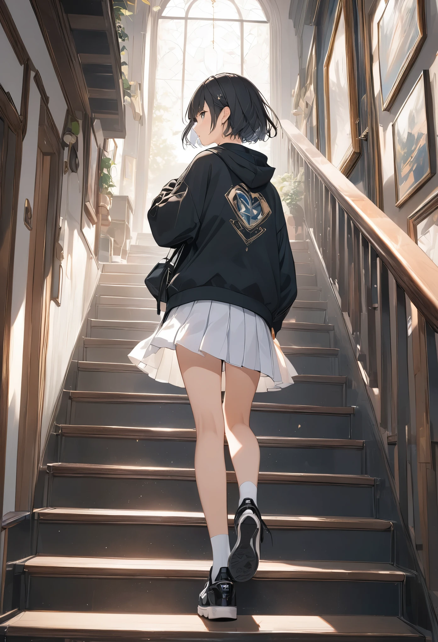 アニメ、((Amazingly absurd)),(masterpiece:1.2),超High resolution, Attention to detail, high quality, High resolution, 最high quality, 4K, 8k、Black hoodie、White Skirt、Black Hair、short hair、cute、Depicting climbing stairs、Stairs to a bright future