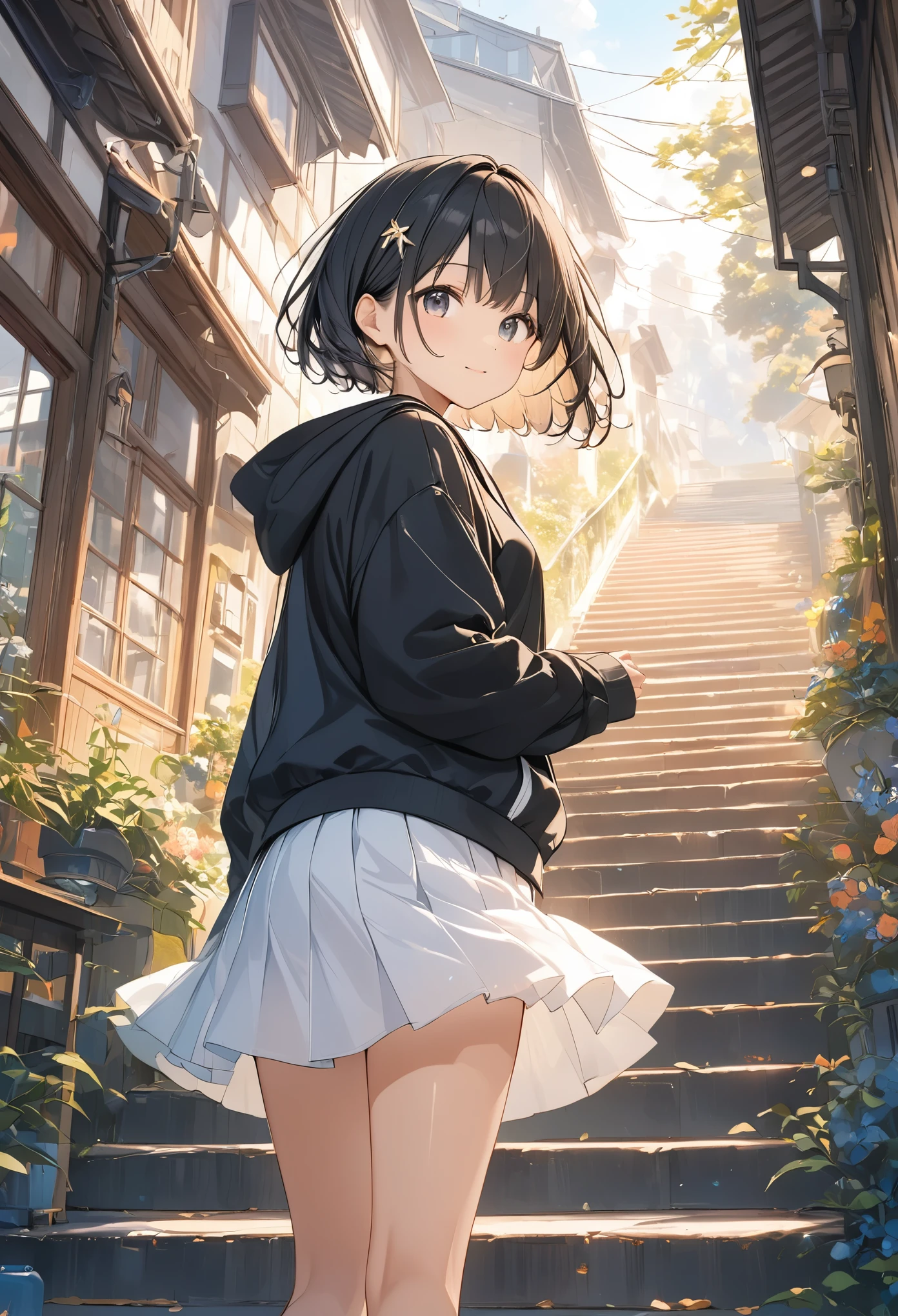 anime、((Amazingly absurd)),(masterpiece:1.2),超High resolution, Attention to detail, high quality, High resolution, 最high quality, 4K, 8k、Black hoodie、White Skirt、Black Hair、short hair、cute、Depicting climbing stairs、Stairs to a bright future,Dazzling background