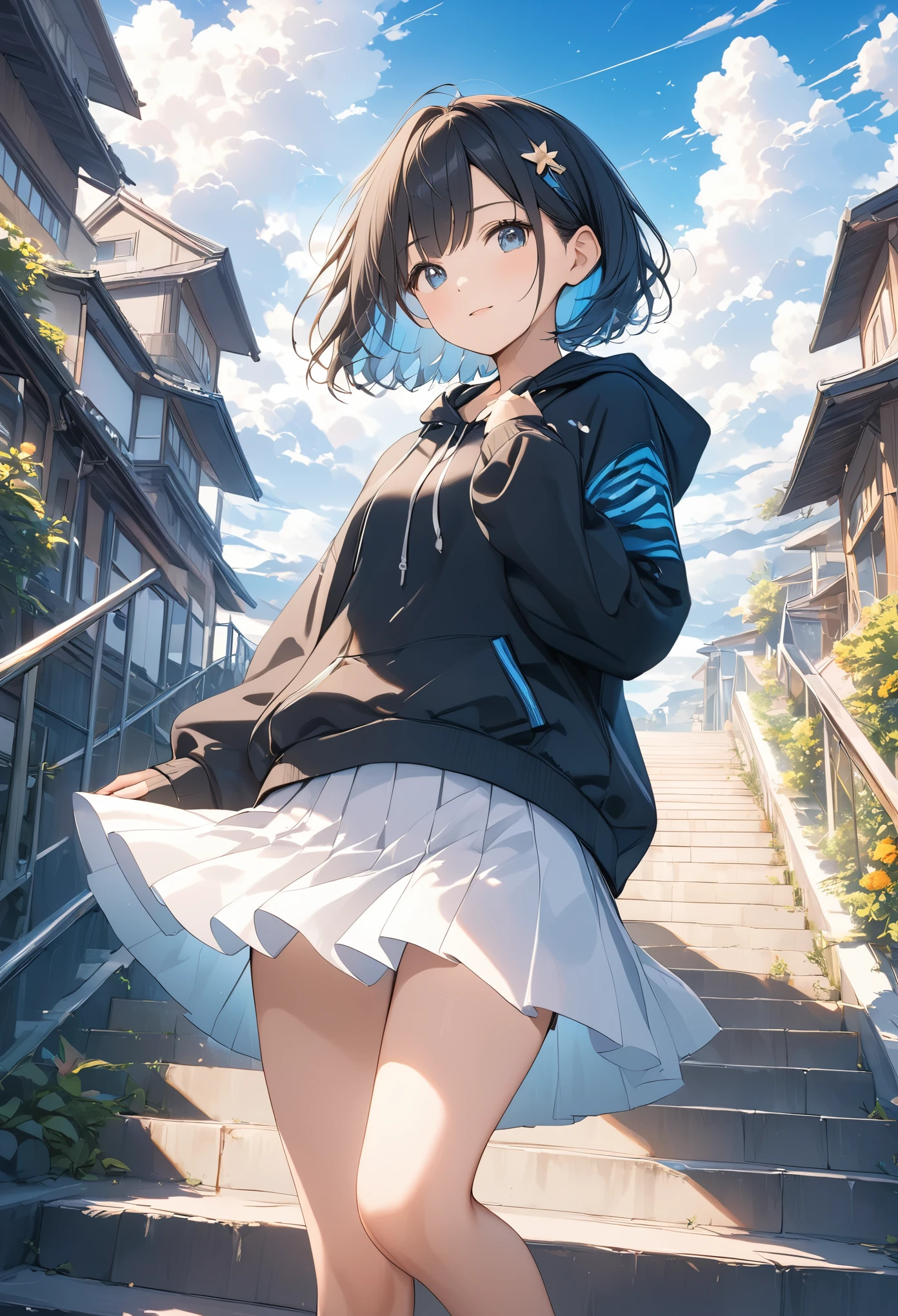 アニメ、((Amazingly absurd)),(masterpiece:1.2),超High resolution, Attention to detail, high quality, High resolution, 最high quality, 4K, 8k、Black hoodie、White Skirt、Black Hair、short hair、cute、Depicting climbing stairs、Stairs to a bright future,Dazzling background,Beautiful background、Blue sky、White cloud,close-up