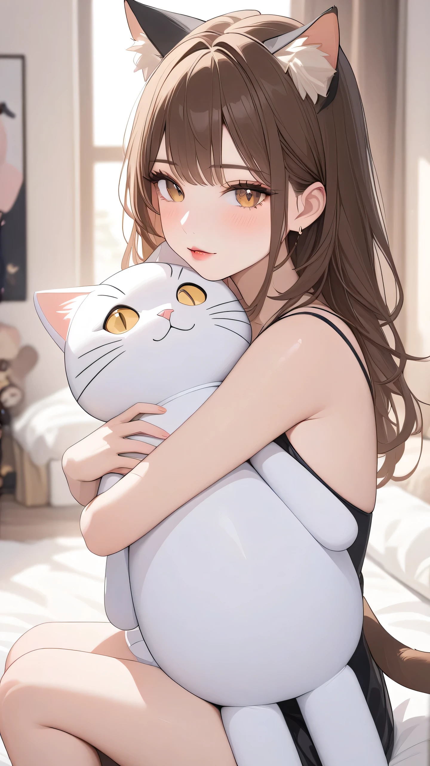 (Masterpiece, best quality:1.2, absurdres), 1girl, brown hair, cat ears, hugging big doll, bedroom, detailed face, detailed eyes, detailed lips, detailed skin, 