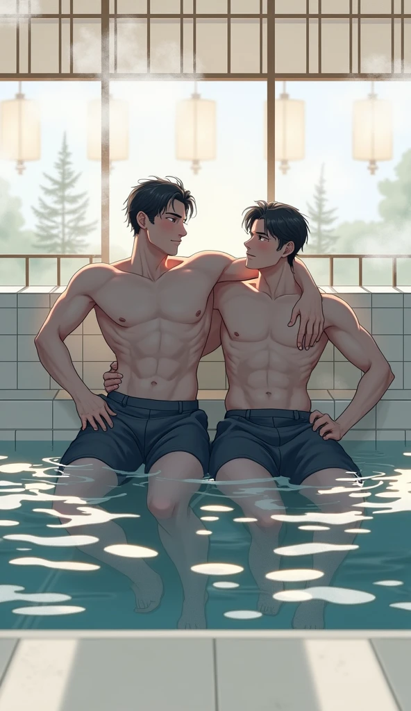 Ancient Egypt, Bath, thick steam, Dark skin, gold, pleasure on the face, pleasure on the face, Dad hugs and kisses frivolous young Fifteen year old son, fitness body, large voluminous elastic buttocks, Mini briefs slips, playful look, aesthetically pleasing, beautiful, yaoi, super-detailed, high quality. Only male gender, guys, boys