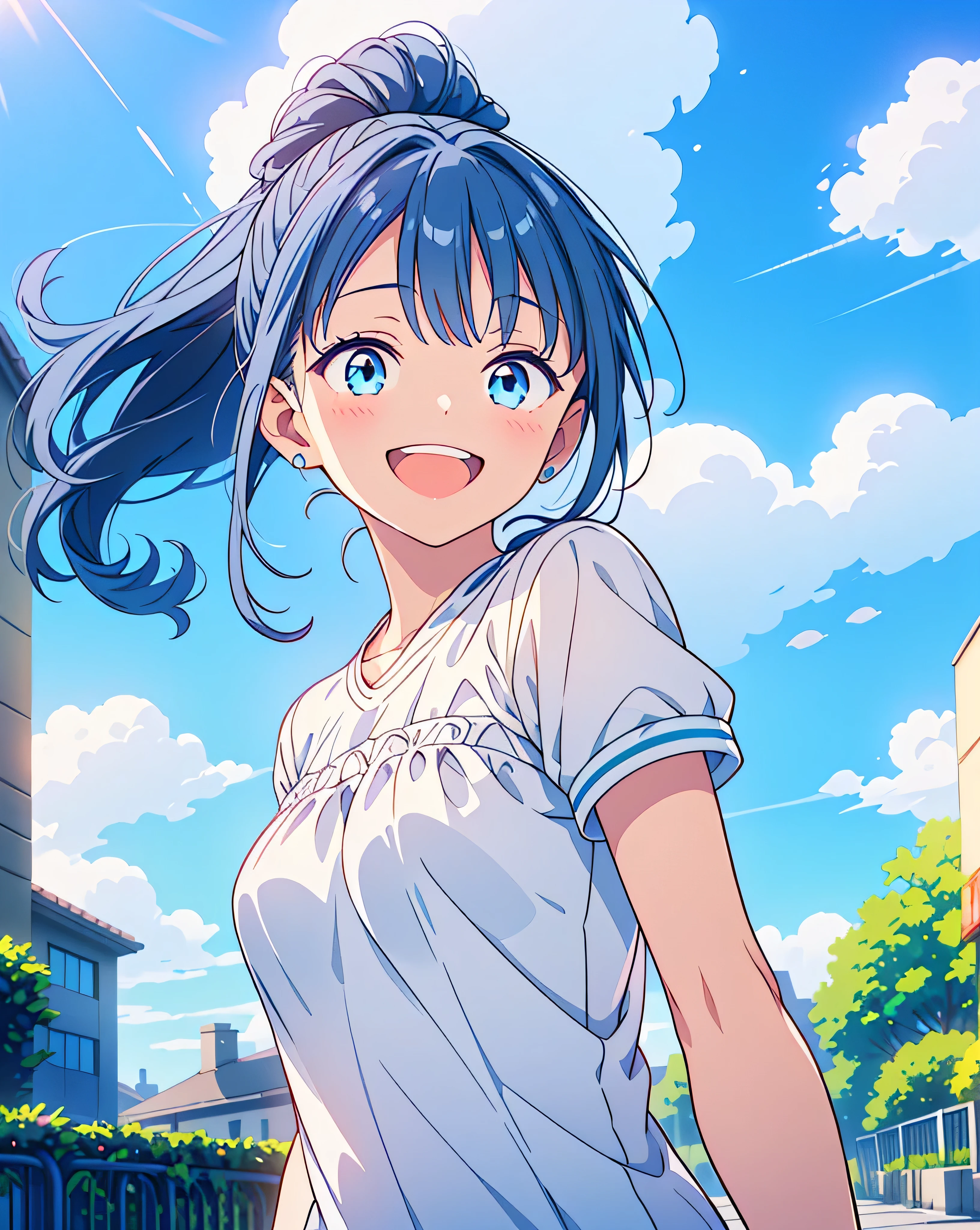 Highest quality, 32K, High resolution, masterpiece:1.5, One cute girl, Illustration with anime touch, Street Girl, Rich emotional expression, An exceptionally beautiful face, Perfect Human Anatomy, Big light blue eyes, ((A happy smile:1.6)), Lustrous blue hair, Ponytail swaying in the wind, Asymmetrical bangs, Hair between the eyes, Transparent, soft white skin, Detailed and cute lips, ((Short sleeve street fashion:1.4)), ((White clouds and blue sky:1.2)), ((Beautiful lawn:1.3)), mysterious