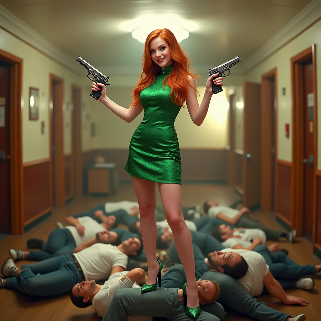 wide depth of field, wide depth of focus, f/11 lens setting, all objects in focus, full color image, woman two chrome pistols, holding 2 pistols, large fraternity house game room, full body image, (sage green sleeve, long satin night gown), woman posing with two pistols, long redhead hair, confidant smile, pure form, intricate details, 8K post-production, high resolution, super detailed, Popular topics on Artstation,, Studio photos, intricate details, Very detailed, she stands in the middle of the room and she is surrounded by a large pile of defeated men laying unconscious with closed eyes on the floor