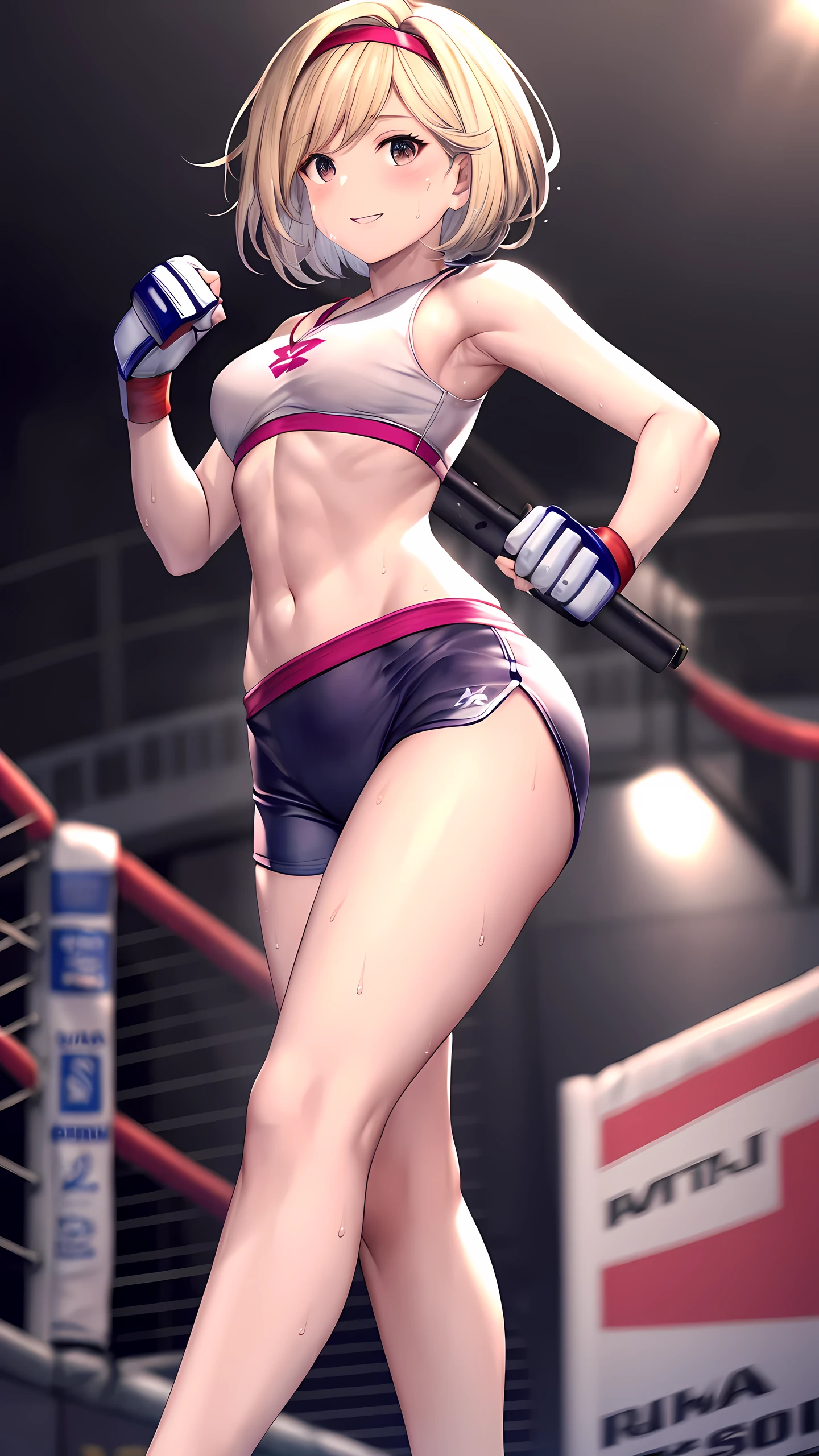 djeeta_(granblue_fantasy), Detailed eyes,(wearing sports wear:1.5, bare thigh), Her slim legs are really cute.,Very beautiful long legs, Perfect body,(Independent),(on MMA Arena :1.5),smiling, Toned stomach,Ultra HD,Detailed eyes,Detailed face,full body shot, looking at viewer,(from behind, from below),sweaty,long legs,twisting the waist,depth of field,