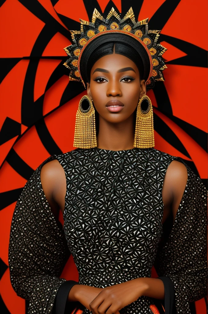 thin black woman, long blonde loose braids, red fabric covering the body, black fabric simulating a studio in the background, even if you are in an external place, red butterflies around