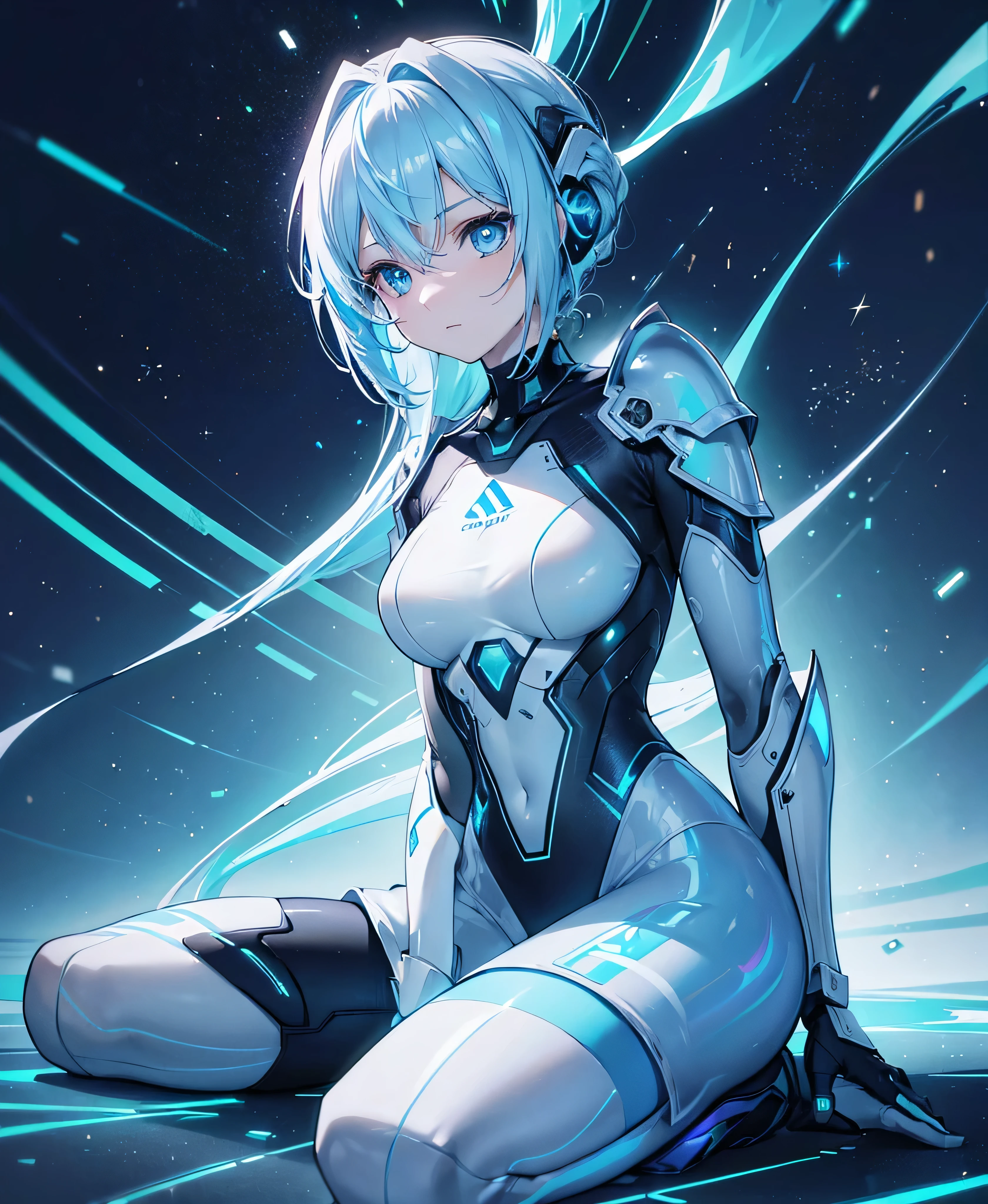 ((Holographic glow effect)),8k, Highest quality, (real:1.4), Original photo, 1 girl, Asari Hair, Biological Amplifier, refined armor, posture: Peace talks between warring factions, smart blue eyes,whole body,Vortex of Light,Band of Light,Wind of Light