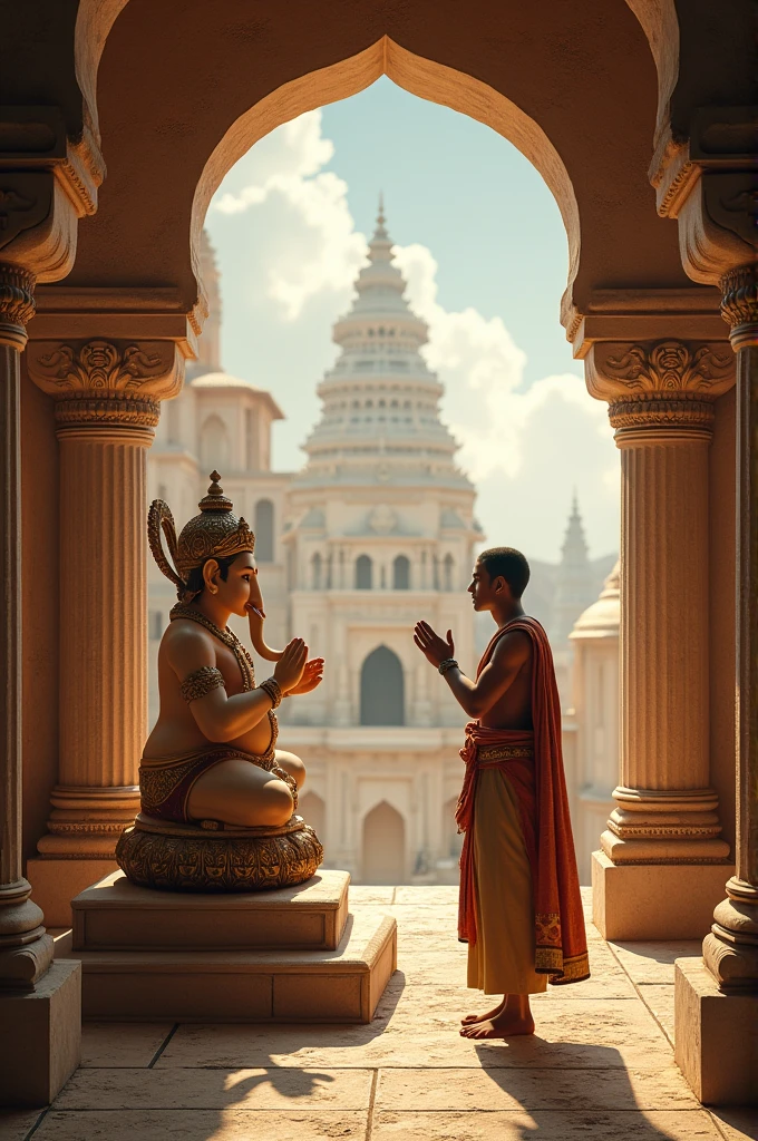 A beautiful ancient temple with intricately carved statues. The young man is seen praying to a goddess inside the temple, offering flowers at her feet with deep reverence."