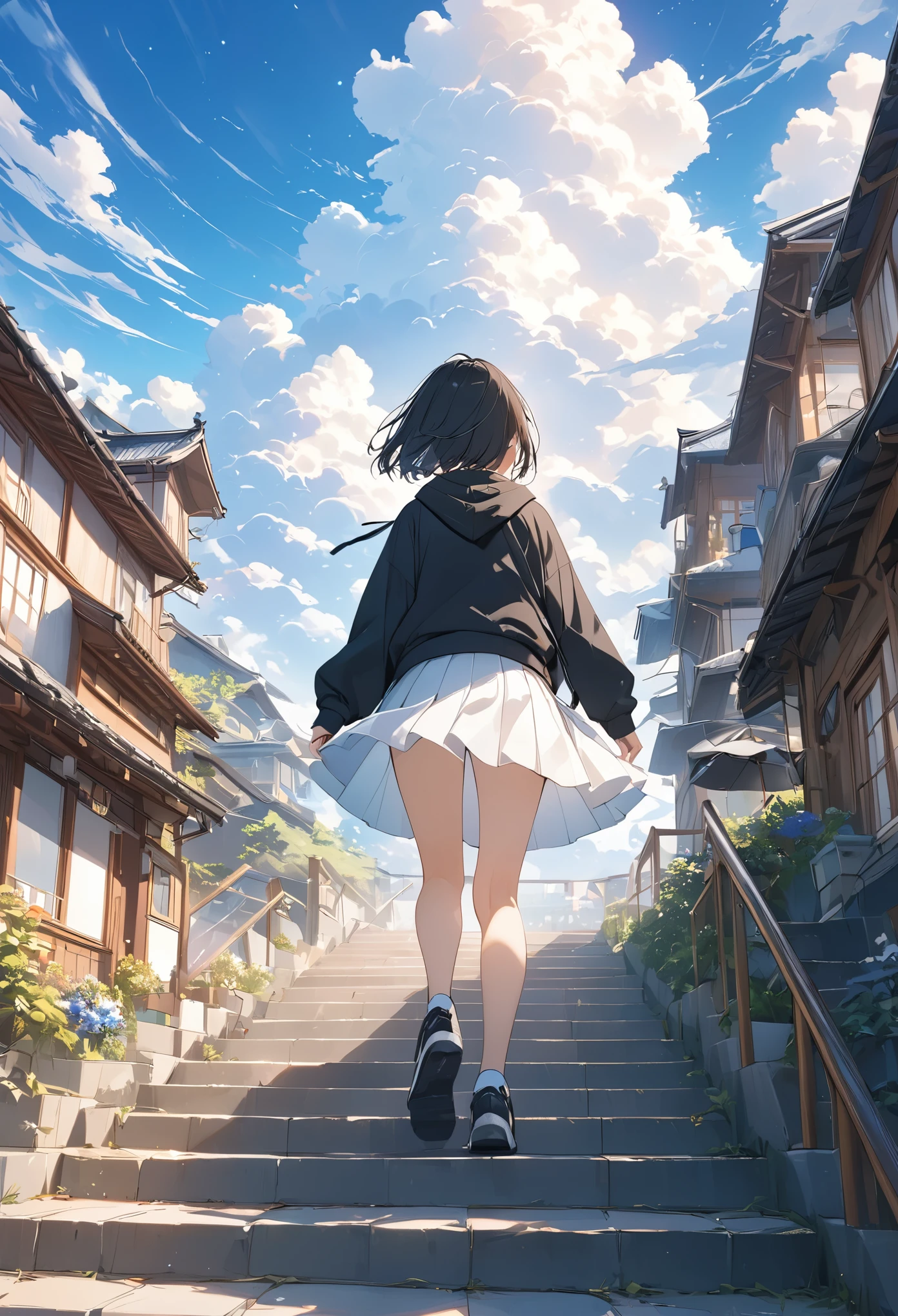 アニメ、((Amazingly absurd)),(masterpiece:1.2),超High resolution, Attention to detail, high quality, High resolution, 最high quality, 4K, 8k、Black hoodie、White Skirt、Black Hair、short hair、cute、Depicting climbing stairs、Stairs to a bright future,Dazzling background,Beautiful background、Blue sky、White cloud,close-up