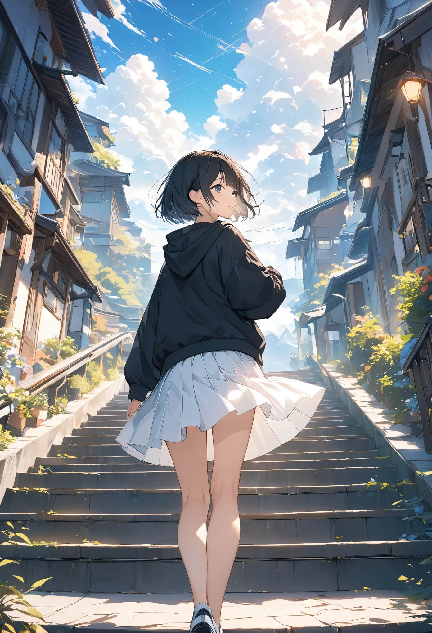 アニメ、((Amazingly absurd)),(masterpiece:1.2),超High resolution, Attention to detail, high quality, High resolution, 最high quality, 4K, 8k、Black hoodie、White Skirt、Black Hair、short hair、cute、Depicting climbing stairs、Stairs to a bright future,Dazzling background,Beautiful background、Blue sky、White cloud