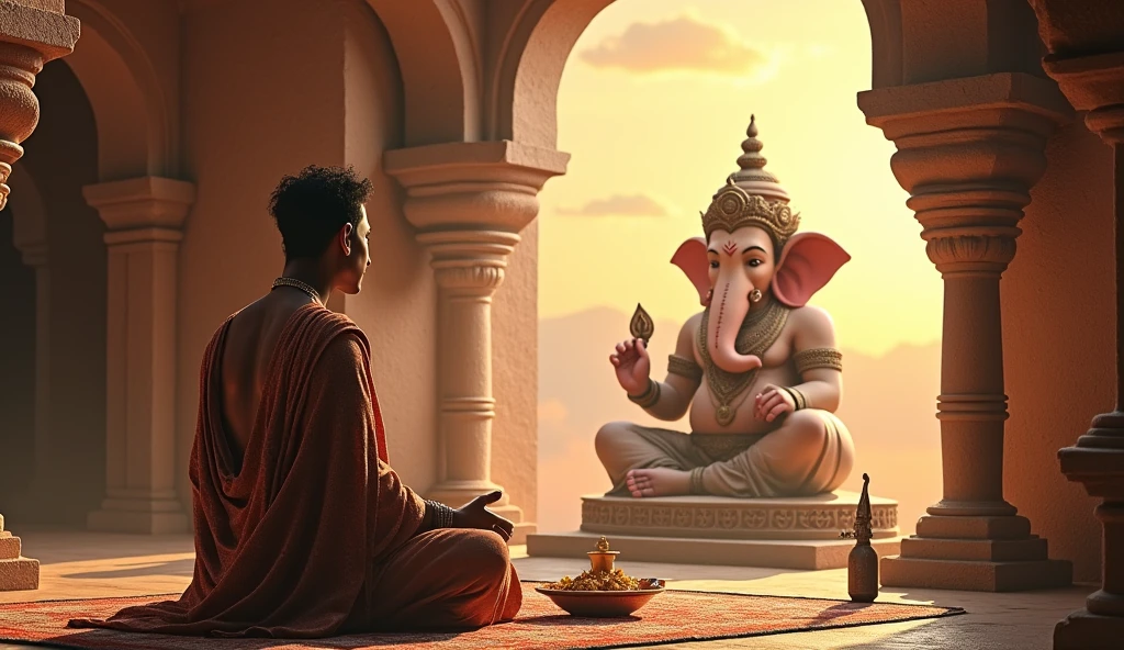 Little lord Ganesha sitting on the his vehicle mushak at the lake side which is covered with green forest.