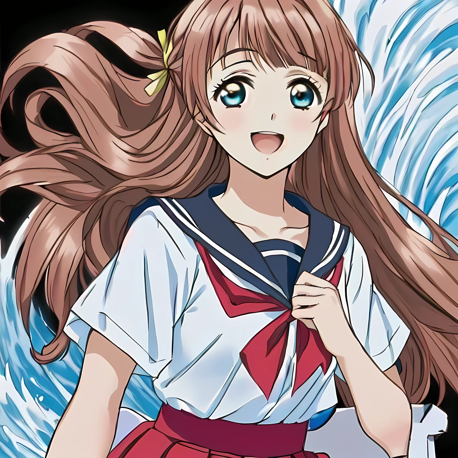 (highest quality, masterpiece, Full HD, High definition, well-colored: 1.6), height: 155cm, (Japanese date game's promotion poster, Solo beautiful giggling noble elegant yo girl wares red-sailor-styled uniform with leather school bag is inviting me into deep extreme pleasure or satisfaction, charming me elegantly, intelligent noble face, Noble Elegant but lecherous salacious insane and lascivious, red sailor uniform: 1.5), (Just one very beautiful noble heroine who is looking me and laughing at me, Very detailed cute noble high-school 13rench woman's noble eyes and face, Beautiful giggling eyes with detailed: 1.4), (Super-long bottom-eyelashes: 1.2), (Girl whom everyone loves because of her beauty and lovely fashion and noble manner and mind of succubus and magic-charm of succubus: 1.0), (Very beautiful, wavy, cutely super-super-long straight gorgeous rich red-pink hair, with elegant yellow hair ribbons, spreading entirely on whole the screen like love waves: 1.3), (Laughing very beautiful and sapphire-blue charming eyes which enslave me inevitably, with clearly detailed: 1.4), (very long eyelashes: 1.0), (Noble expensive glossy red ribbon on the chest: 1.4), (Realistic Charming neat red-colored deeply pleated long expensive school skirt: 1.5), (Like soprano singer of classic music: 1.6), (Completely black background: 1.7), (Face are especially detailed and carefully drawn), (Make me follow her)