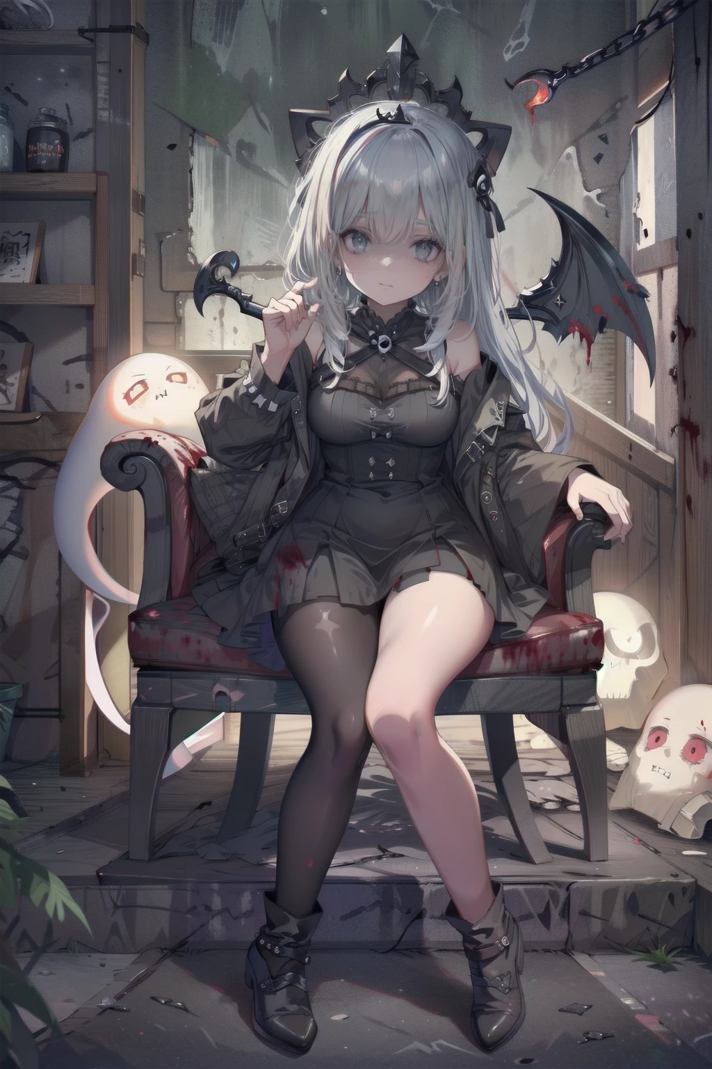 Shaded face、Expensive princess tiara、beautiful girl、Very cute angel、smile、Long skirt、Black long boots、,(whole body, legS and 靴 viSible: 1.2), ,Ghost,Frolicking Girl,Multiple women,tea ,クレイジーなsmile,look up,Face shot,Scythe Face,Girl Monster, slave,beautiful, Detailed portrait, Delicate facial features, Sharp Eye, Sharp FangS, Pale skin, Dark Background, Cinema Lighting, Dramatic ShadowS, Gothic style, Gloomy atmosphere, Dark fantasy, One person&#39;S, , Please open your mouth wide, Open your mouth and baring your teeth,Sharp teeth like a beaSt, Wide lips, very wide mouth, Vermilion cheeks, ,(Blood splatter:1.2),Scary face, Laughter　Witch design, ねじれたsmile、Bloody、bleeding from the head,、Blood splatter、,(Blood splatter:1.2),Crossbones, skull,　, Horror Style, ((Fantasy Witch Costume)), ((Flowing white hair)), ,(Blood splatter:1.2),Female curves, Large Breasts, Thick thighs, Sexy flat Stomach, Perfect hands, Perfect anime face, ((Darkta DreSS)), Are standing, ((邪悪なsmile)), ,(Blood splatter:1.2),Victorian cities, gaslight, Steam circulateS, Moonlight Illumination, night lighting, A sky filled with stars and galaxies,disaster々new devil horns,,(Blood splatter:1.2),アニメゾンビWitch design, ねじれたsmile、Bloody、bleeding from the head,、Blood splatter、,(Blood splatter:1.2),Crossbones, skull,,Photo Background,Wide Shot,Scythe Face,Girl Monster, slave,beautiful, Detailed portrait, Delicate facial features, Sharp Eye, Sharp FangS, Pale skin, , Dark Background, Cinema Lighting, Dramatic ShadowS, Gothic style, Gloomy atmosphere, Dark fantasy, One person&#39;S, , Please open your mouth wide, Open your mouth and baring your teeth,Sharp teeth like a beaSt, Wide lips, very wide mouth, Vermilion cheeks, ,(Blood splatter:1.2),Scary face, Laughter　Witch design, ねじれたsmile、Bloody、bleeding from the head,、Blood splatter、,(Blood splatter:1.2),Crossbones, skull,　, Horror Style,
