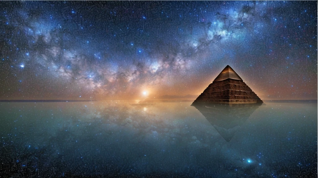 一座古老的pyramid漂浮在无限的宇宙中. pyramid上星星稀疏. masterpiece, sharp, Ultra Detailed, Main part、upscale、Excellent image quality、8K picture quality、Stunning starry sky pictures、Gorgeous、arched galaxy:1.9、pyramid,Cyberspace Soldier, Angle View, Top quality,  (High detail background:1.2),(Highly detailed characters:1.2),  high quality，Intricate details,