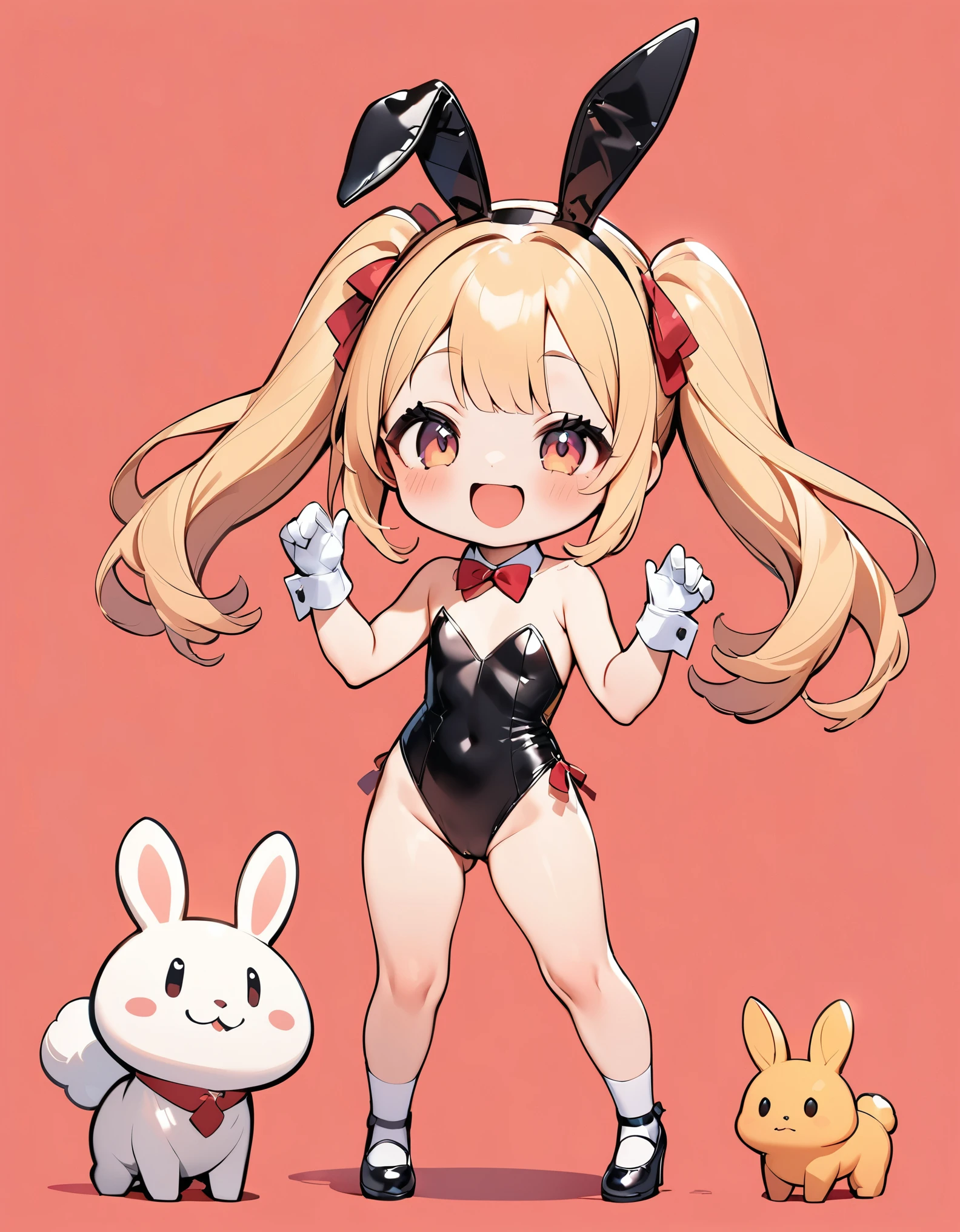 ((masterpiece))((Highest quality)), Elementary school girl, cute, 1小さいgirl, Toon Character, Bunny ears headband, girl, smile, Open your mouth, Flat Chest, thin, Blonde, Are standing, Full body image, Kawaii pose, Red and black motif, Simple Background, Bunny girl, Playboy Bunny, いたずらなsmile.