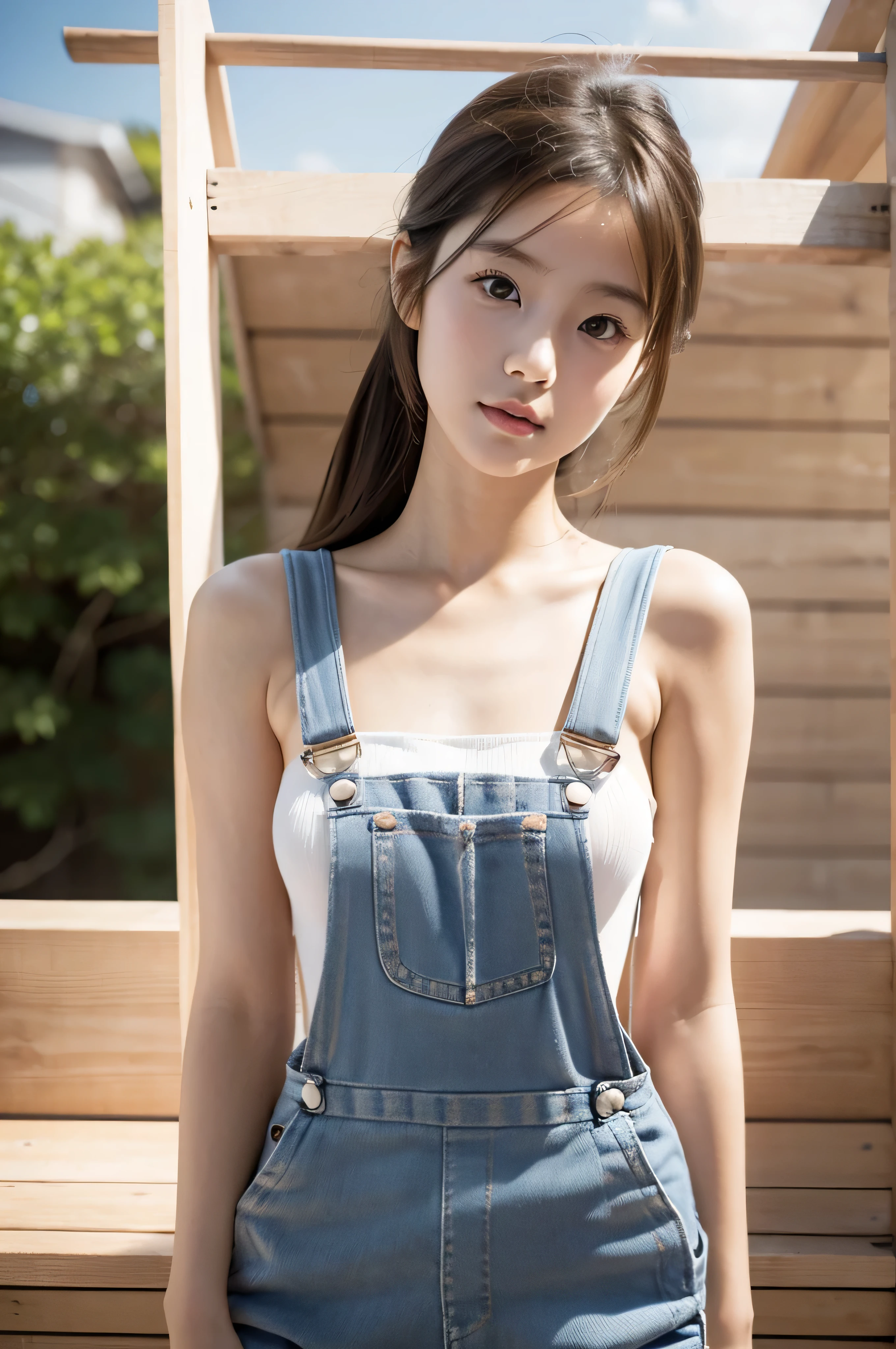 Japanese cute girl wearing Naked body with overalls on, (Naked body with overalls on), , Brown Hair, White skin, On the terrace where the strong sunlight shines, (((Realistic))), (((High resolution)))