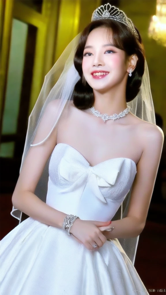 1girl, Solo, High Resolution, Breasts, Smile, Blush, Long Hair, blackpink, face, girl,  lisa from blackpink,  lalisa, lisa,  in a majestic, indoor palace setting, adorned in a shimmering white satin bridal gown boasting a voluminous princess skirt, an elongated trail, a harmoniously fascinating veil, and an intricately laced and diamond-encrusted bodice with a bow. Victorian style wedding gown with lace, frills and ribbons. Elaborate victorian updo hairstyle. ribbon belt on waist, Crowning her head is a princess's tiara, (masterpiece), best quality, expressive eyes, perfect face, perfect anatomy, perfect hands, cute smile, bridal makeup, blushing, realistic, (masterpiece), best quality, expressive eyes, perfect face, good hands, best hands, detailed, high quality, high resolution. 8k