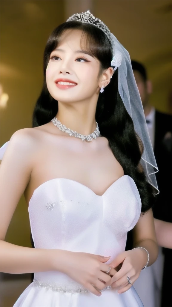 ((Her hair is very very very straight and shiny:1.1. Shiny and Absurdly Very-Long Hair:1.1. Black hair and thin hair with a lot of hair volume.:1.1 and Black Hair 1.3))　((The bangs are neatly trimmed in a cute princess cut.:1.1))　(Her smile is the cutest　Gazing at the viewer)　((bride in white Wedding dress and gloves standing in front of mirror, dressed beautiful gown, Wedding dress, wearing organza gown, wearing a Wedding dress, Wear a voile dress, white gown, white regal gown, gown, beautiful gown, beautiful Wedding dress, Tulle and lace, white!!, beautiful and elegant, white gloves, ground!, white royal dress, white satin gloves))　　((She has a typical Japanese figure, typical skin tone and perfect, beautiful makeup.　Lipstick is slightly red))　((highest quality))　((Real photos taken by professional photographers　８K))　((masterpiece))　(それにGet used to it)　Perfect beautiful face　double eyelid　(The most beautiful and attractive 24 year old Japanese women)　　((Rich 1.4))　(Get used to it)　(Ultra-fine skin texture 1.4)　(Actual, Vibrant:1.4),　　Sharp focus:1.2、Beautiful woman:1.4　(The whole body is super beautiful々New skin texture)　((Voluptuous Breasts1.4))　(This is inside the church)　(Professional Lighting)　(abyss), Beautiful and delicate shine　(Her smile is the cutest　Gazing at the viewer)　　(Close-up of face only:1.1)　(Her hair is beautiful, straight and long, reaching down to her waist.)　(Her hair is beautiful, straight and long, reaching down to her waist.)　(Her hair is beautiful, straight and long, reaching down to her waist.)　(Her hair is beautiful, straight and long, reaching down to her waist.)