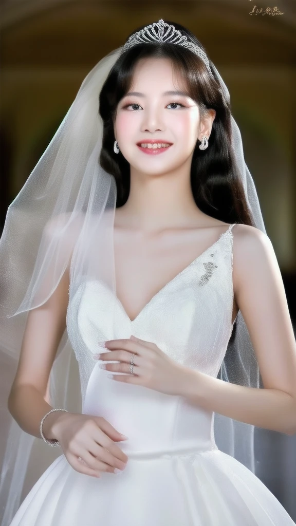 1girl, Solo, High Resolution, Breasts, Smile, Blush, Long Hair, blackpink, face, girl,  lisa from blackpink,  lalisa, lisa,  in a majestic, indoor palace setting, adorned in a shimmering white satin bridal gown boasting a voluminous princess skirt, an elongated trail, a harmoniously fascinating veil, and an intricately laced and diamond-encrusted bodice with a bow. Victorian style wedding gown with lace, frills and ribbons. Elaborate victorian updo hairstyle. ribbon belt on waist, Crowning her head is a princess's tiara, (masterpiece), best quality, expressive eyes, perfect face, perfect anatomy, perfect hands, cute smile, bridal makeup, blushing, realistic, (masterpiece), best quality, expressive eyes, perfect face, good hands, best hands, detailed, high quality, high resolution. 8k