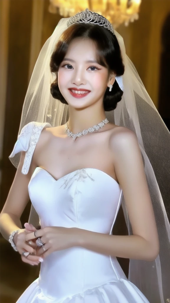 1girl, Solo, High Resolution, Breasts, Smile, Blush, Long Hair, blackpink, face, girl,  lisa from blackpink,  lalisa, lisa,  in a majestic, indoor palace setting, adorned in a shimmering white satin bridal gown boasting a voluminous princess skirt, an elongated trail, a harmoniously fascinating veil, and an intricately laced and diamond-encrusted bodice with a bow. Victorian style wedding gown with lace, frills and ribbons. Elaborate victorian updo hairstyle. ribbon belt on waist, Crowning her head is a princess's tiara, (masterpiece), best quality, expressive eyes, perfect face, perfect anatomy, perfect hands, cute smile, bridal makeup, blushing, realistic, (masterpiece), best quality, expressive eyes, perfect face, good hands, best hands, detailed, high quality, high resolution. 8k