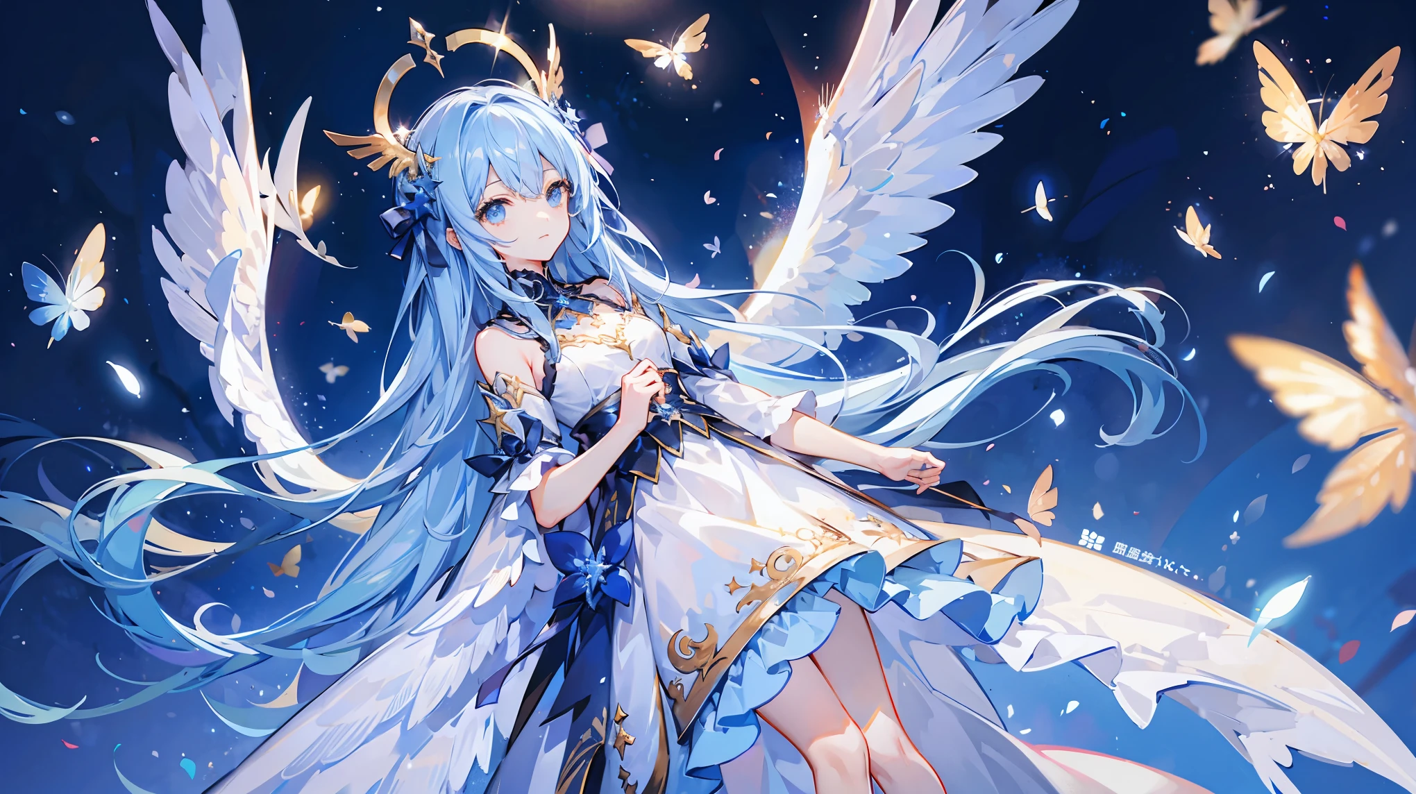 Looking at the starry sky、Long blue hair、、Light wings on one side、Angel Halo、Erosu