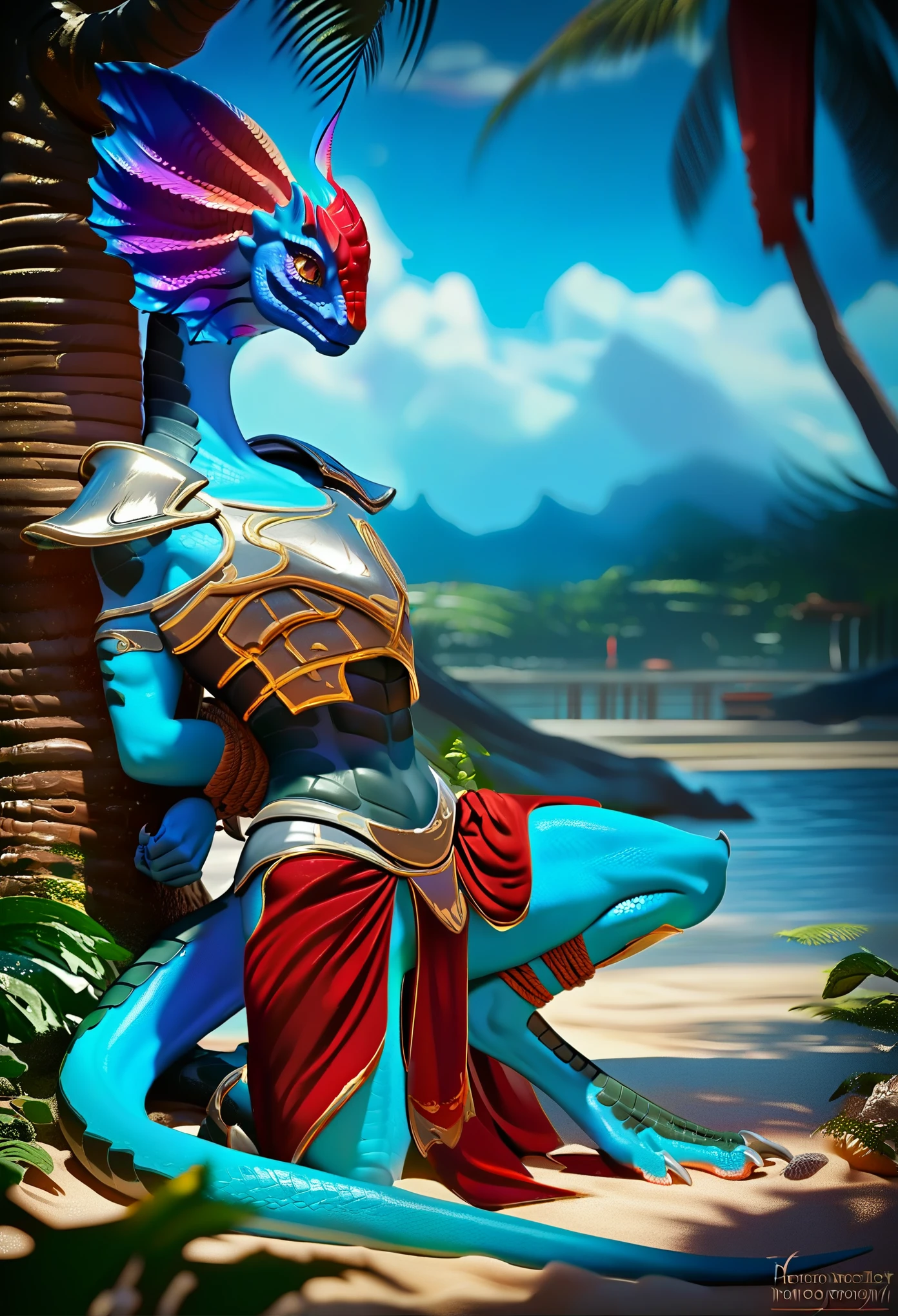 score_9, score_8_up, score_7_up, score_6_up, score_5_up, score_4_up, source_furry, detailed background, 1girl, solo, Lizard, scale, blue skin, tail, lizard eyes, armor, sensuel, attractive, sexy, beach, tree, scared, bound to a tree, sitting against a tree, hand bound behind back, spreading legs,