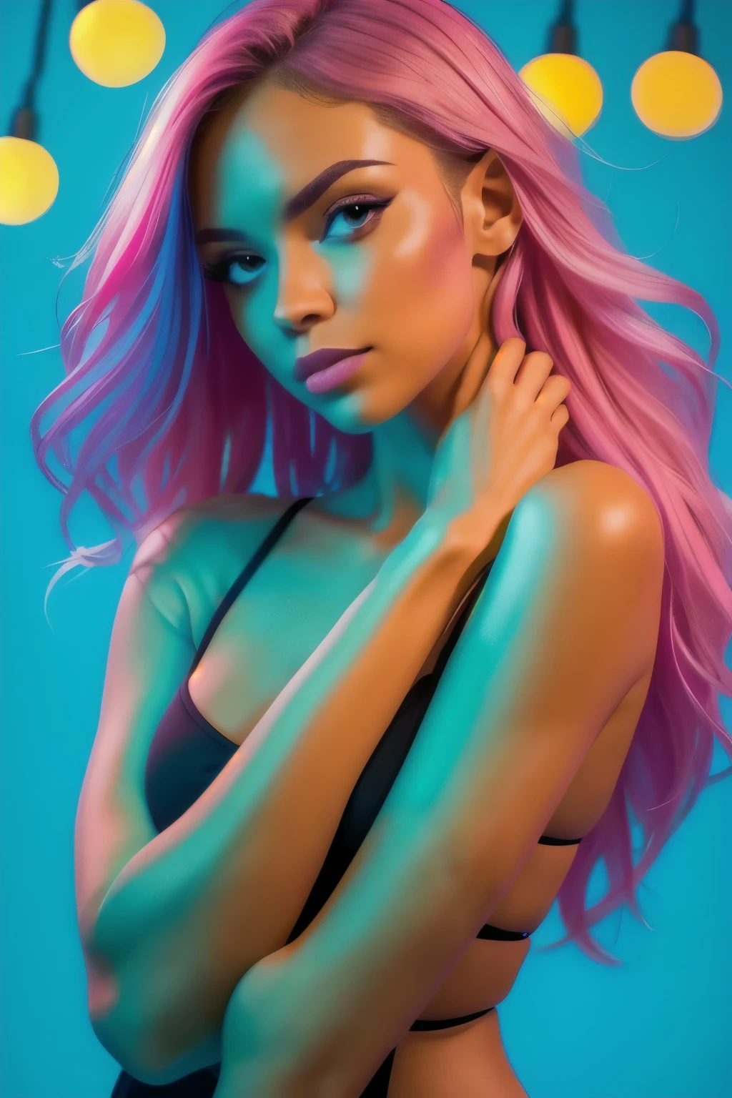 A beautiful young woman posing sensually in a studio, her skin illuminated by soft, (((colorful lights, ciana And magenta lighting))) that reflect across her body. The background features a smooth gradient of vibrant colors, adding depth to the scene. The lighting creates a dramatic, professional studio effect, highlighting her realistic skin textures and contours. The image is hyper-realistic, capturing every detail, from the strands of her hair to the subtle reflections on her skin. The setting is luxurious and sophisticated, with a balanced composition that emphasizes both her beauty and the artistic lighting. natural light, 35mm photograph, film, professional, 4k, highly detailed, Golden hour lighting. Depth of field F2. Rule of Thirds Composition.
