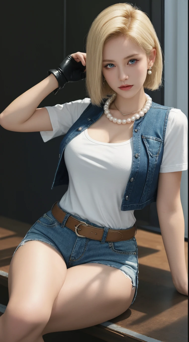 realistic,score_9, score_8_up, score_7_up,
1girl, android18 from "Dragon Ball", cute pose, outdoors, sysdeep_android18, cyborgc18dbz, DB_Android_18, a woman, jewelry, blond hair, Short hair, earrings, blue eyes, belt, necklace, blue skirt, black fingerless gloves, white shirt, vest, hoop earrings, short sleeves, bracelet, pearl necklace, black belt, belt buckle, (masterpiece, best quality, Professional, perfect composition, very aesthetic, absurdres, ultra-detailed, intricate details:1.3)