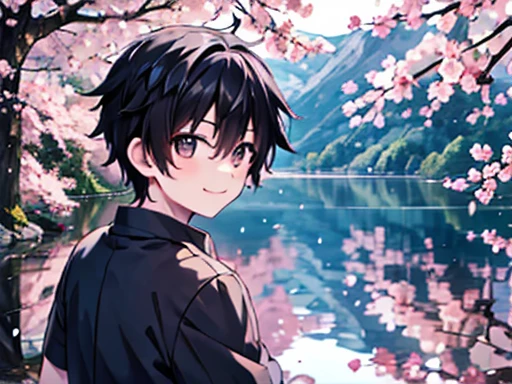 1 boy, Mountain, Black short hair, He is wearing a grey shirt, He is looking cherry blossoms, He smiles gently, lake