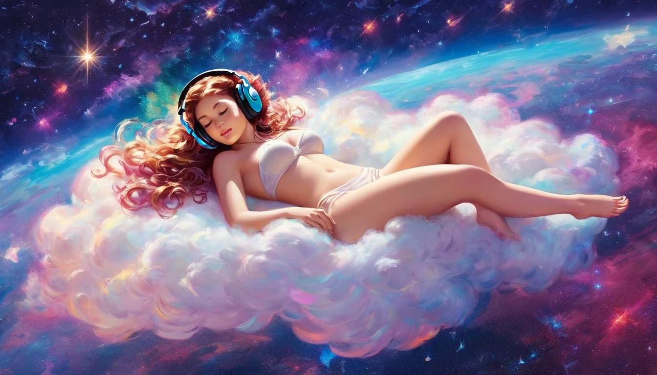 (masterpiece, best quality), nude woman, beautiful face, wavy hair, headphones, sparkling colorful stardust,   sleeping on a fluffy cloud as she floats through outer space. Dynamic angle, dynamic lighting. Fullbody shot.