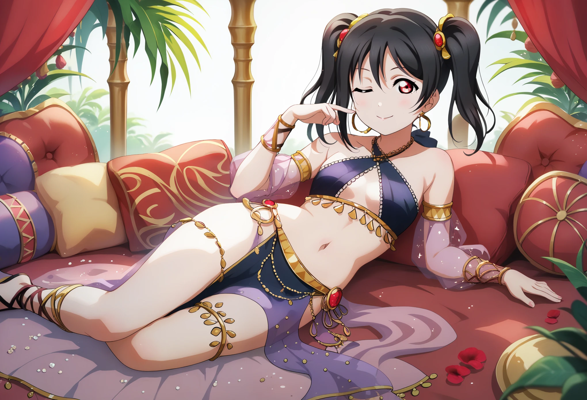 masterpiece, best quality,8k wallpaper , love live art style, yazawa nico love live, black hair, medium twintails, red eyes, Arabian dancer, see-through pelvic curtain, criss-cross halter ,wink, laying on side