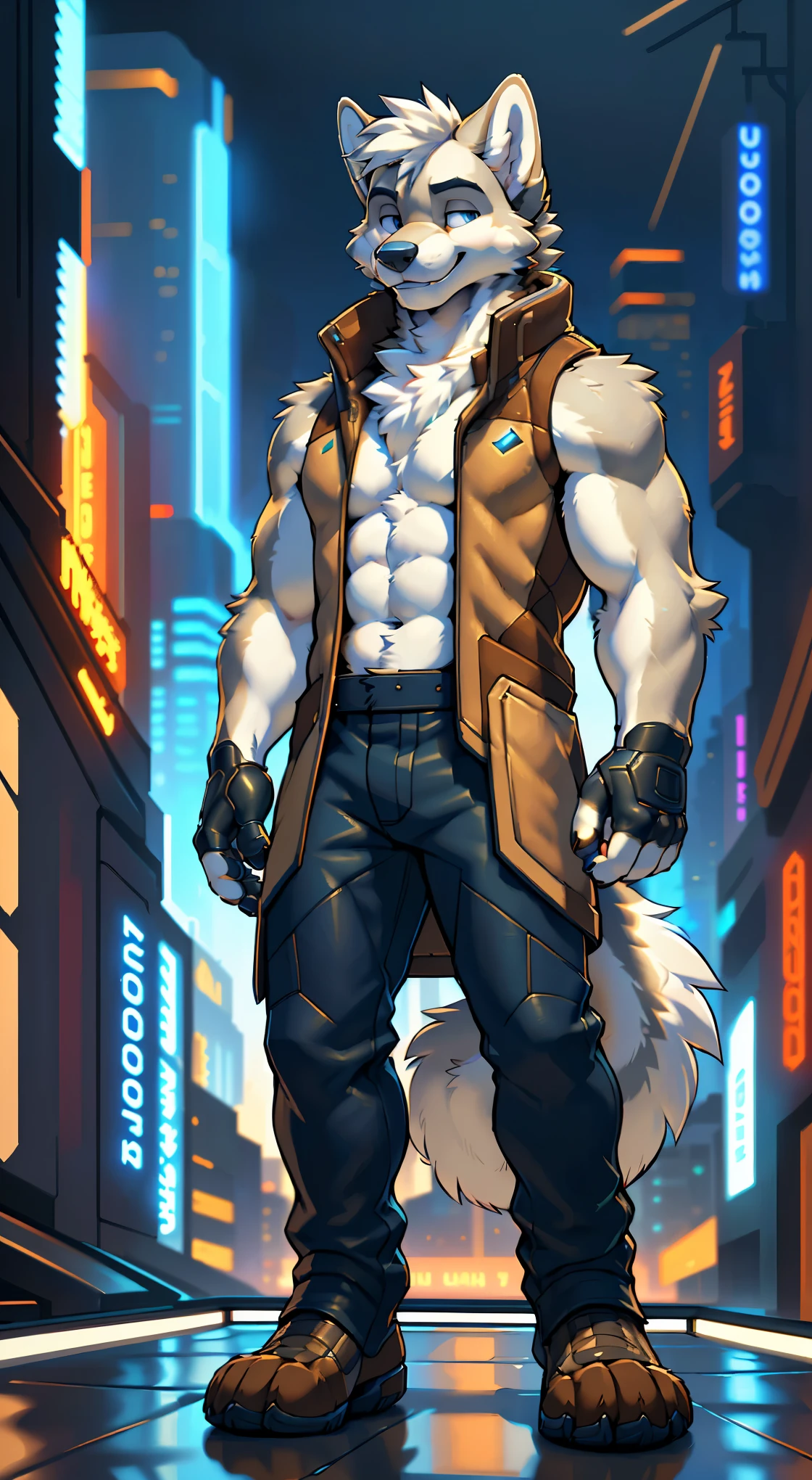 Front view, (cyberpunk 2077 game):1.4 full height, anthro (white wolf), male, white wolf, adult, solo, skinny:1, slim:1 build, tall,  (brown:1 futuristic high tech cloths, brown vest, coat), dark pants, robotic paws, correct anatomy, tail, skinny:1.9, (white:1 fur, detailed fur:1.4), smiling, (high quality ultradetailed:1 blue eyes), futuristic city background, photorealistic, hyperrealistic, ultradetailed, (masterpiece:1.2), epic, natural lighting, (by takemoto arashi, by meesh, by Taran Fiddler)