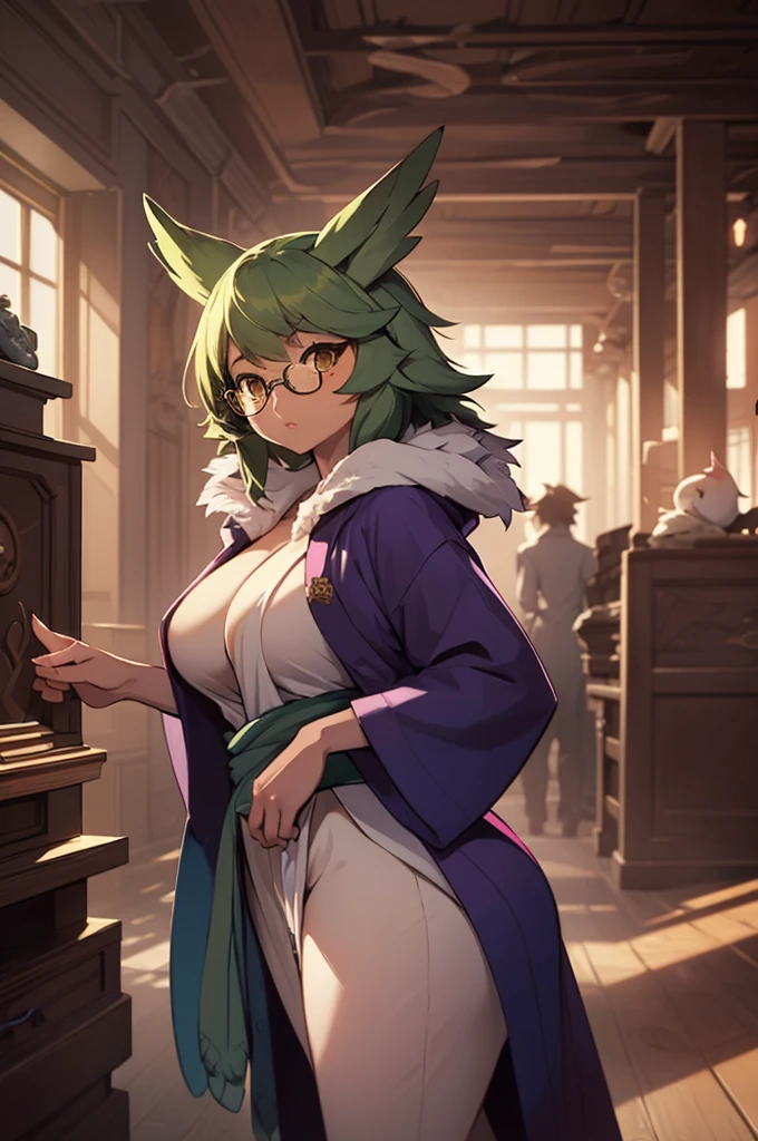 solo, 1girl, female, furry female, bird, avian, owl, big , glasses, green feathers, sexy pose, ramona_uo, detailed background, (cute anatomy:1.1), highly detailed, hyper realistic, soft lighting, (masterpiece:1.2),(best quality:1.2), (extreme detailed illustration),(by zackary911:1.3),(by taran fiddler:1.1), (by jay naylor, spectrumshift,iskra:1.2, syuro:1.0),(by hioshiru),(by Meesh),(by riska), ((taking off robe))