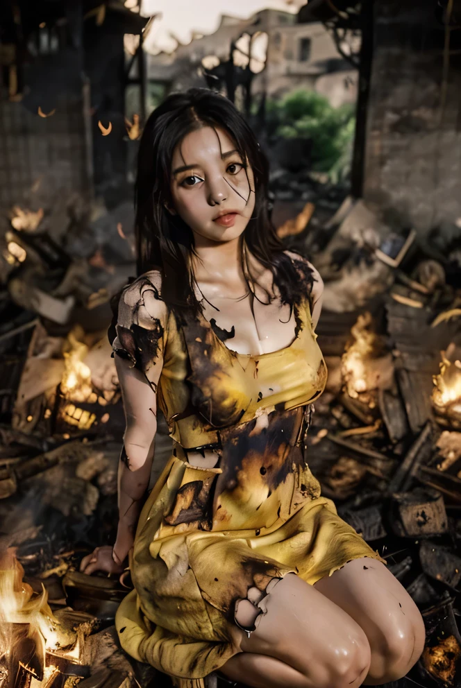 A naked beautiful girl being burned at the stake, (((A charred yellow dress that was burned and torn to shreds))), (Bare chest), Underwear in full view, Charred and tattered clothes, Japanese beautiful girl, Black long hair, Footage from the knee up, ((Perfect Anatomy)), Masterpiece, Ultra Detail, Best Quality, High resolution, 8k, Photorealistic
