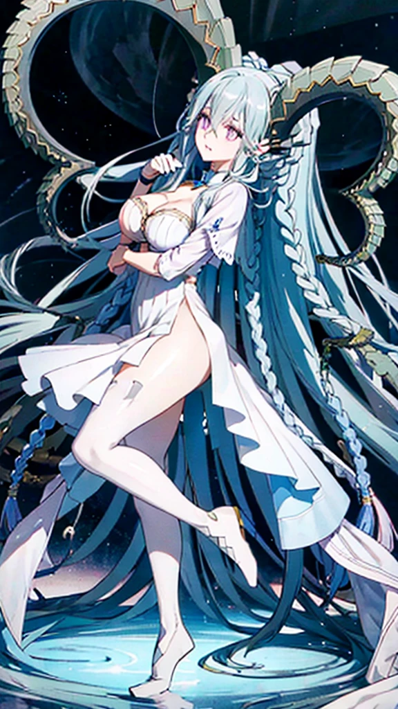 Blue long-haired beauty with big breasts，white dress，Bare Legs，High resolution, 