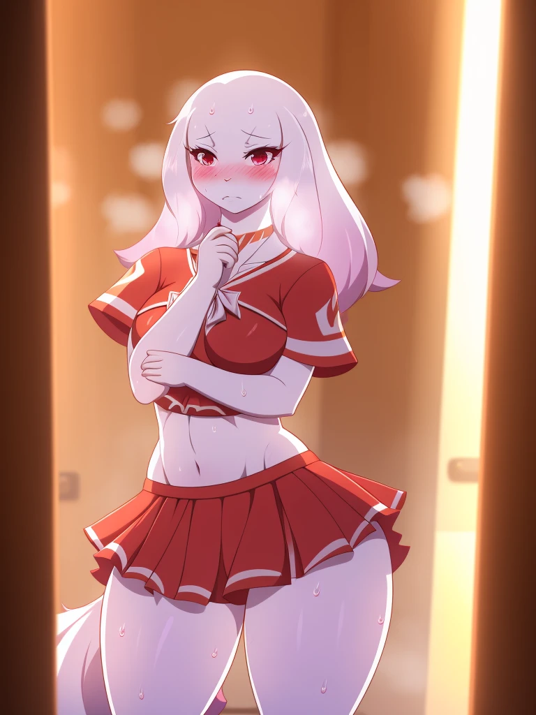 Crusch Lulu,furry,Bust big ,Waist 57,Thigh 86,Good resolution,standing in a room alone,Cheerleading uniform,Good light and shadow details,shade,sexy body,blushing, Sweating, in the mood for sex