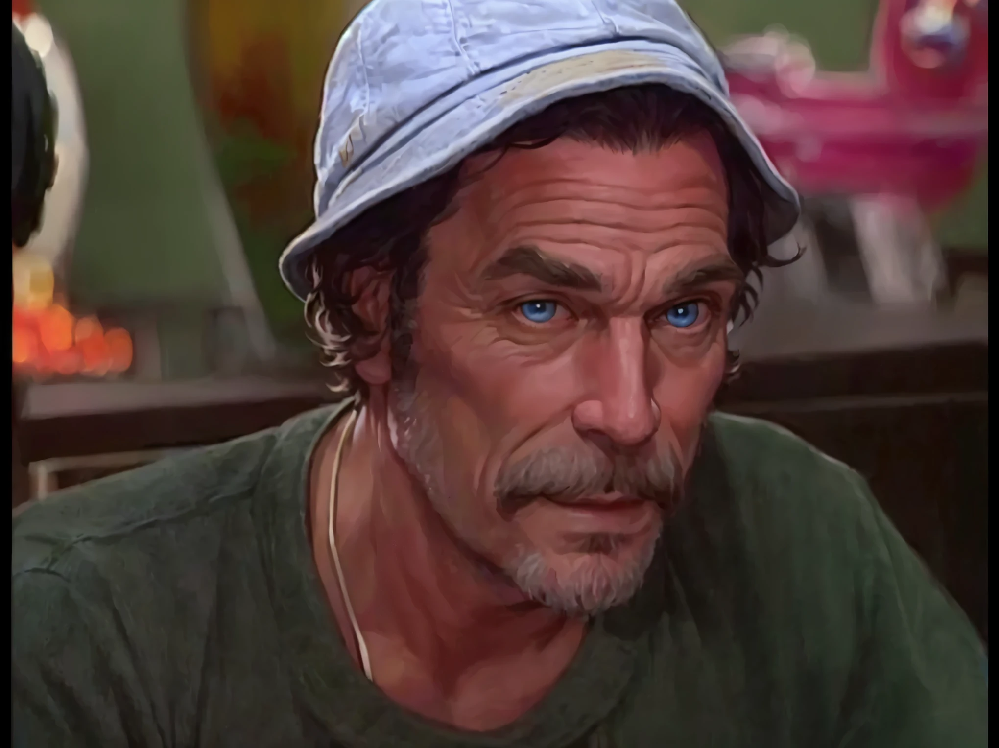 There's a man with a hat sitting in a room, Grinning, anime blue eyes, Dom Ramon, quint, Ron Cobb. movie  theater, basil gogos, o Chaves, Christian Billy, or Chaves del Ocho, Clyde Waldwell, doing the bateman stare, Portrait photo, color film still 1 9 7 7, Milt Gross, retired barney, preston blair, George Pal