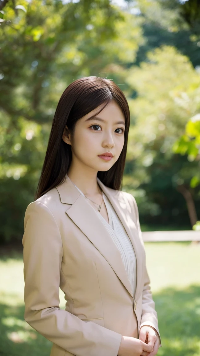 Japanese woman in her early 20s。Thin eyebrows and long eyes、High nose、Small Mouth。Bob Hair、Brown Hair。In formal attire、Standing facing forward。The background is a natural park landscape.。Natural light and a soft atmosphere。