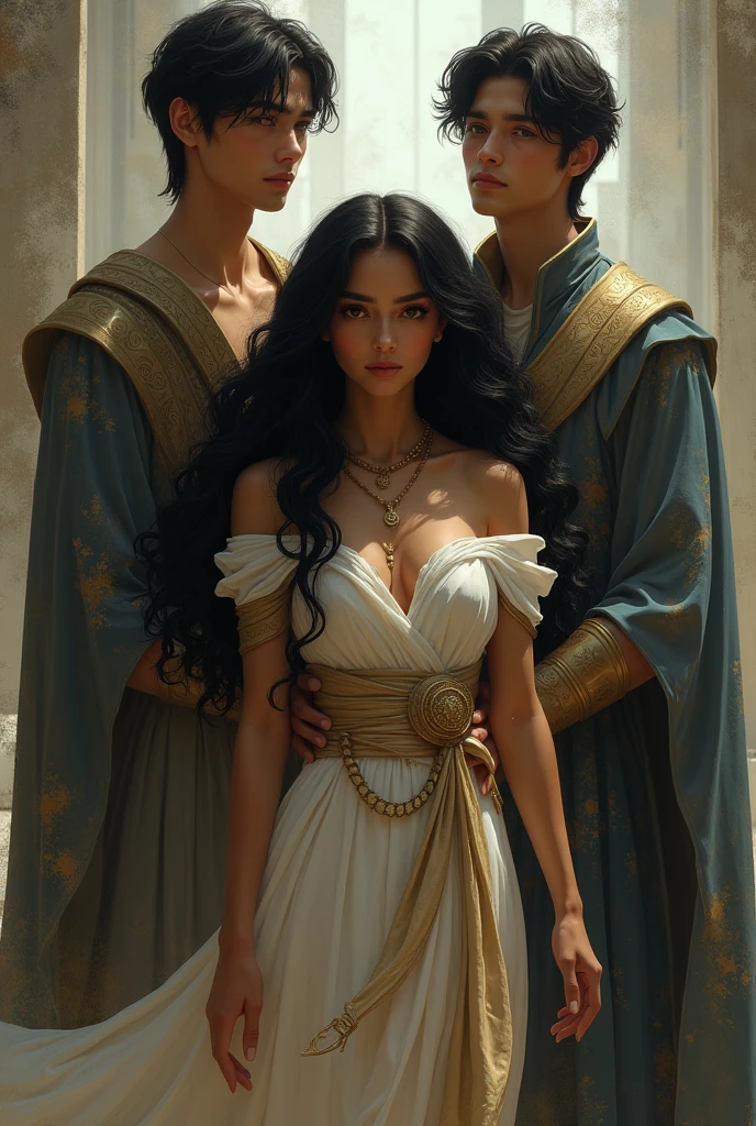 Two young men and a beautiful young woman in medium brown with black hair with lots of long curls and the two boys are behind her like guardians, for fantasy cover 