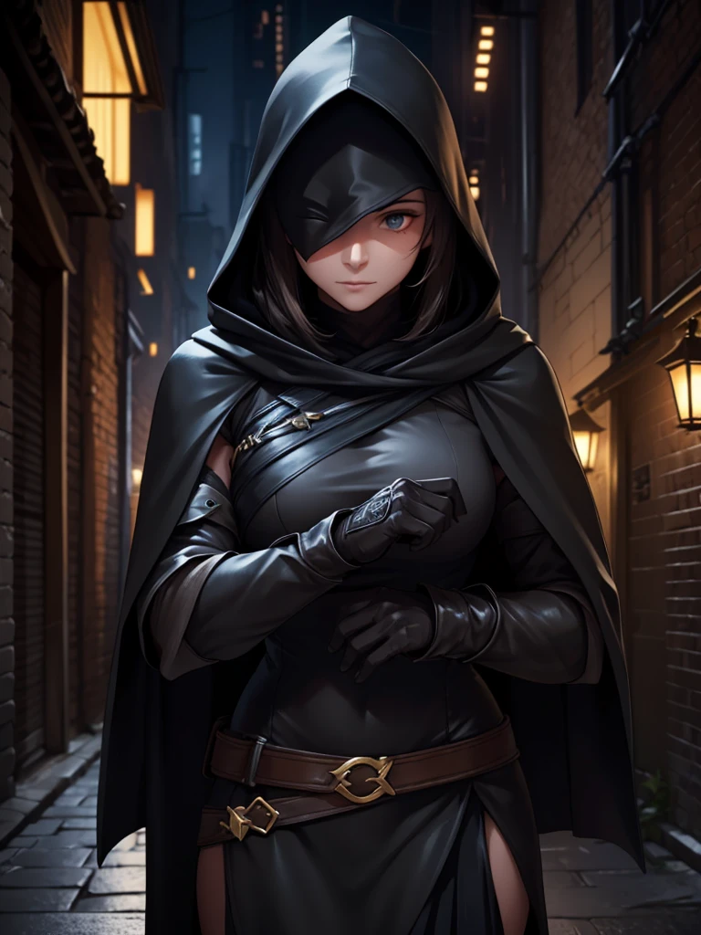 "Create a detailed image of a stealthy assassin in a dark, narrow alleyway. The assassin wears a sleek, black hooded cloak that blends into the shadows, with a mask covering their lower face. Their eyes are sharp and focused, reflecting a cold determination. The assassin holds a pair of curved daggers, glinting faintly in the dim light. The environment is gritty, with wet cobblestones and distant lanterns casting a faint glow. The atmosphere is tense, as if the assassin is moments away from striking their target. The background hints at an ancient city, with towering buildings and intricate details that add depth to the scene."